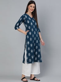 Thumbnail for Wahe-NOOR Women Teal Blue & Silver Printed Straight Kurta With Three Quarters Sleeves - Distacart