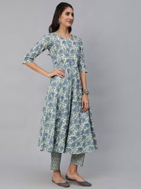 Thumbnail for NOZ2TOZ Women Blue & Cream Floral Printed Kurta Set With Trouser & Dupatta - Distacart