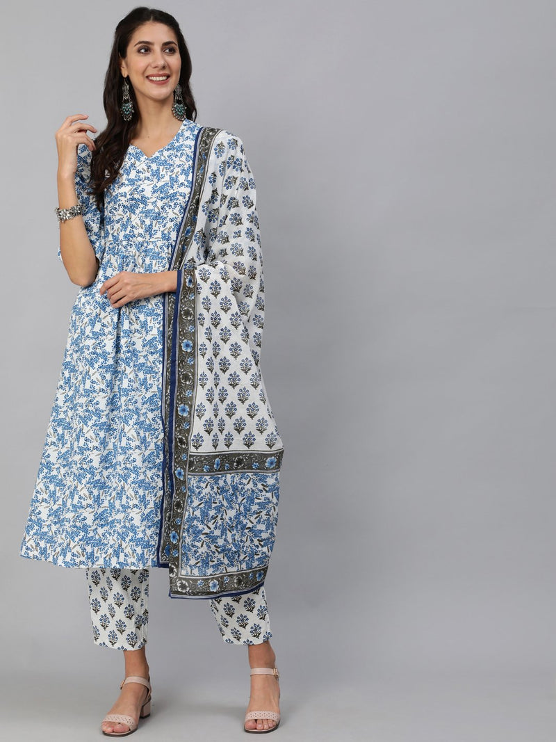 NOZ2TOZ Women Blue &amp; White Floral Printed Kurta Set With Trouser &amp; Dupatta - Distacart