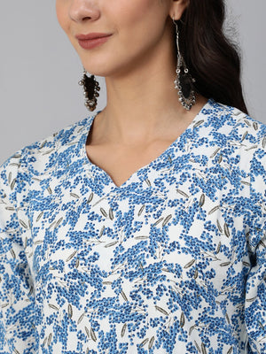 NOZ2TOZ Women Blue & White Floral Printed Kurta Set With Trouser & Dupatta - Distacart