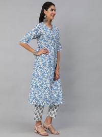 Thumbnail for NOZ2TOZ Women Blue & White Floral Printed Kurta Set With Trouser & Dupatta - Distacart