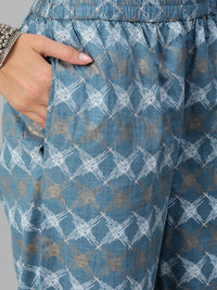 Thumbnail for NOZ2TOZ Women Blue & Gold Printed Kurta Set With Plazo & Dupatta - Distacart