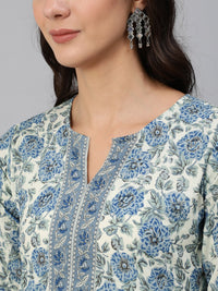Thumbnail for NOZ2TOZ Women Blue & Cream Floral Printed Straight Kurta With Three Quarter Sleeves - Distacart