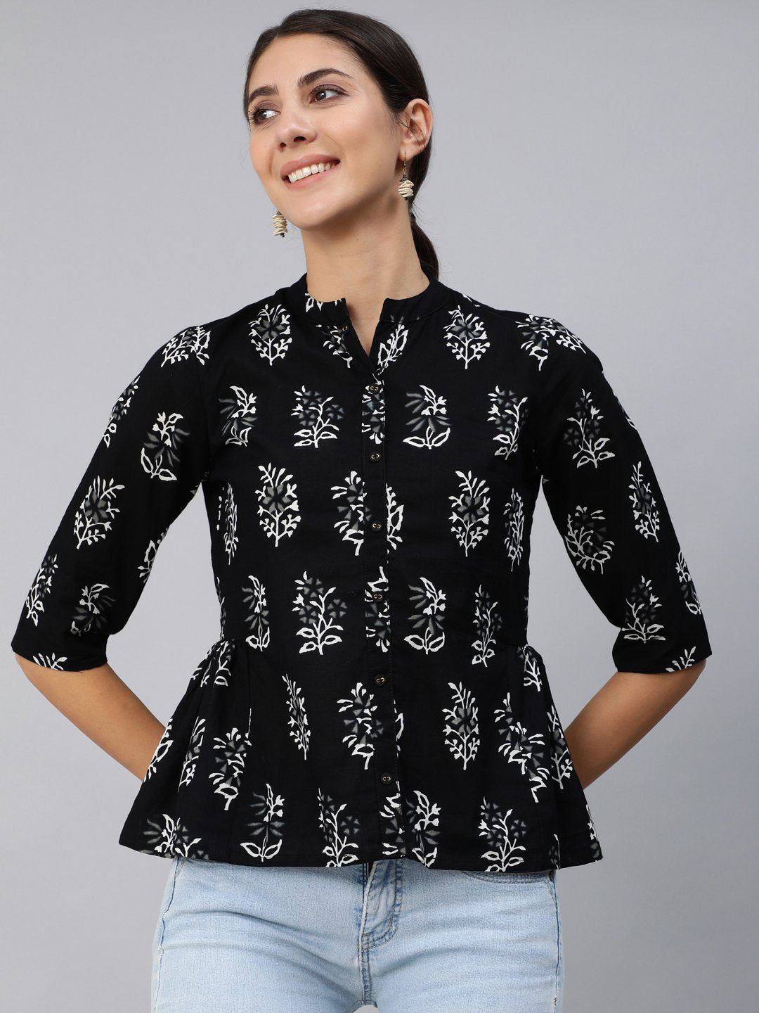 NOZ2TOZ Women Black Printed Top With Three Quarter Flared Sleeves - Distacart