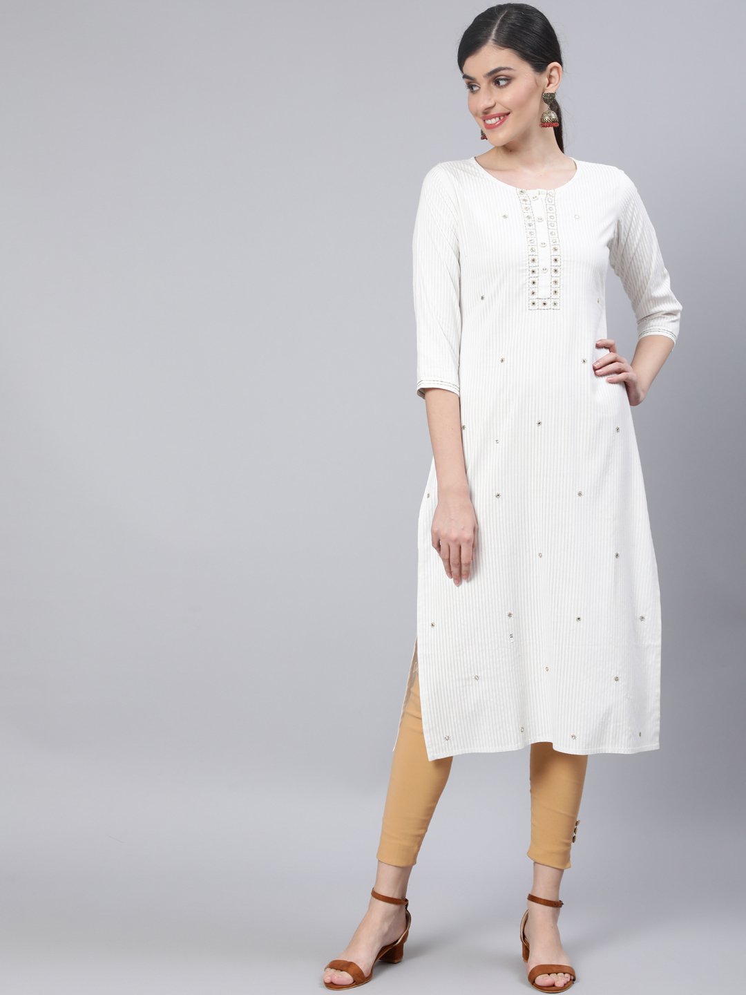 NOZ2TOZ Women Off White Embroidered Straight Kurta with Three Quarter Sleeves - Distacart