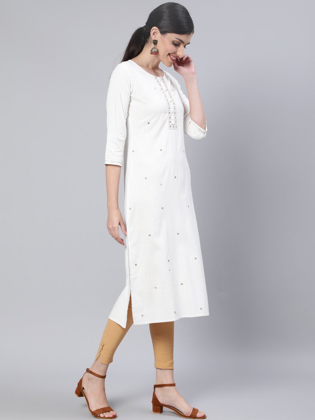 NOZ2TOZ Women Off White Embroidered Straight Kurta with Three Quarter Sleeves - Distacart