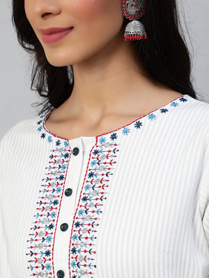 NOZ2TOZ Women Off White Embroidered Straight Kurta With Three Quarter Sleeves - Distacart