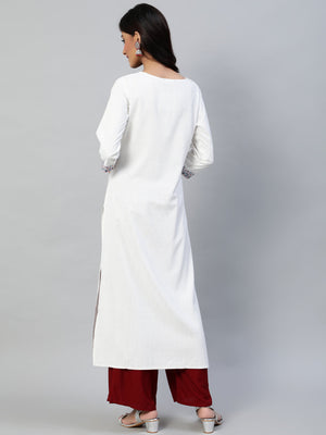NOZ2TOZ Women Off White Embroidered Straight Kurta With Three Quarter Sleeves - Distacart