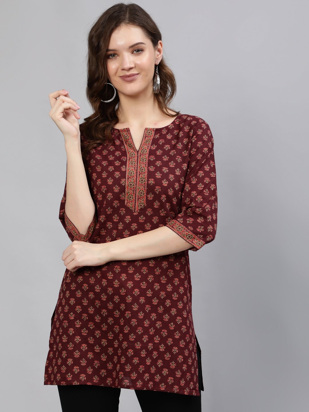 NOZ2TOZ Women Burgundy Printed Tunic With Three Quarter Sleeves - Distacart