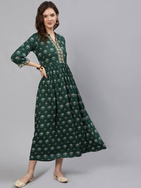 Thumbnail for NOZ2TOZ Women Green & Gold Printed Maxi Dress With Three Quarter Sleeves - Distacart