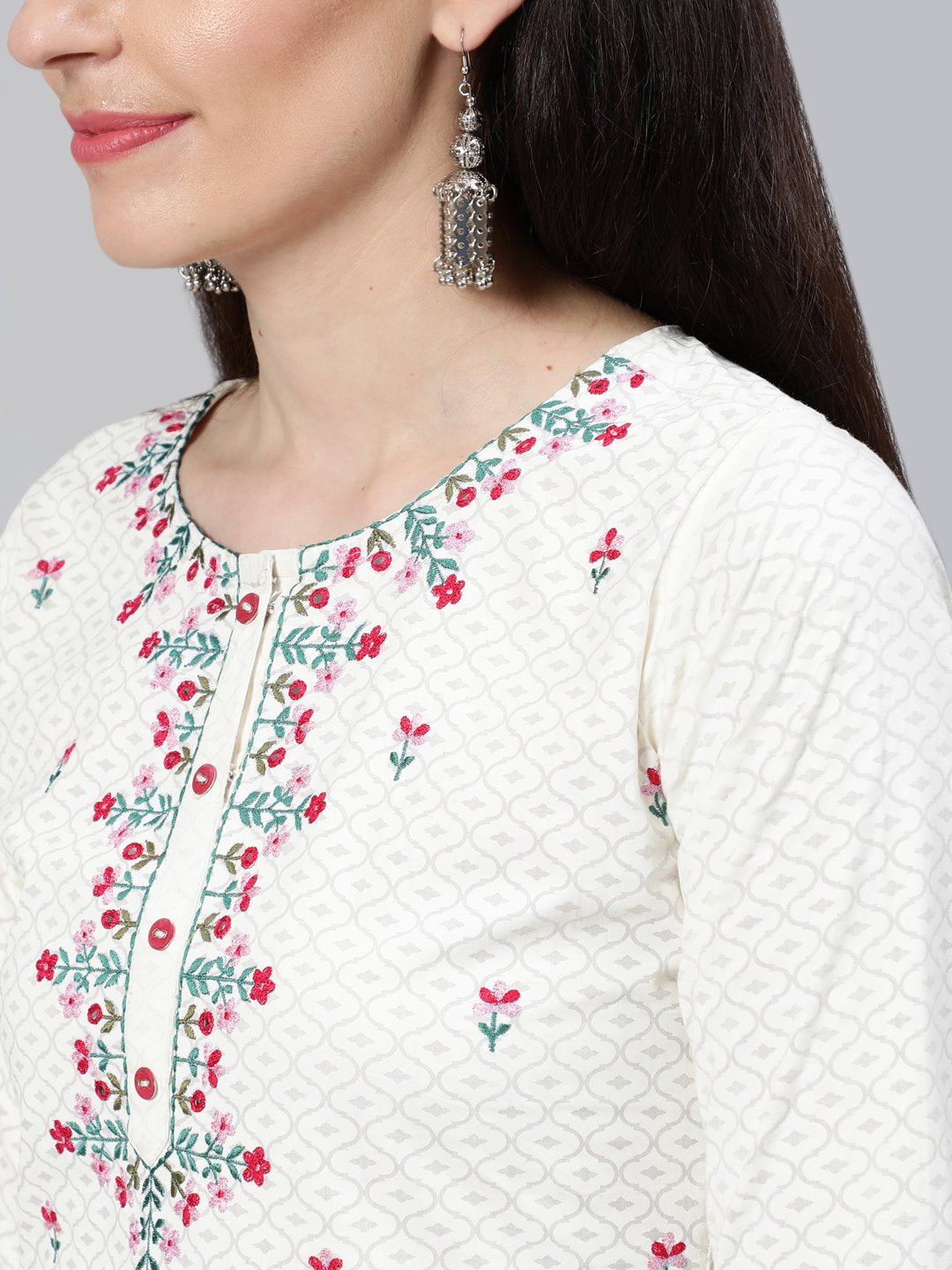 NOZ2TOZ Women Cream Embroidered Straight Kurta With Plazo & Dupatta - Distacart