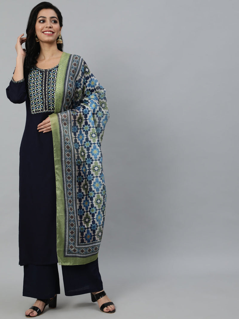 NOZ2TOZ Women Navy Blue Embroidered With Plazo &amp; Printed Dupatta - Distacart