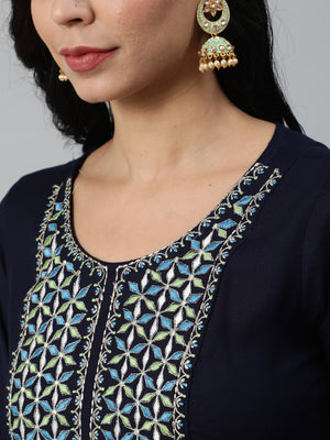 NOZ2TOZ Women Navy Blue Embroidered With Plazo & Printed Dupatta - Distacart