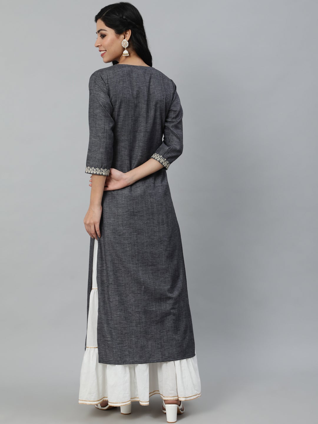 NOZ2TOZ Women Grey Embroidered Straight Kurta With Three Quarter Sleeves - Distacart