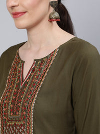 Thumbnail for NOZ2TOZ Women Olive Green Embroidered Straight Kurta with Three Quarter Sleeves - Distacart