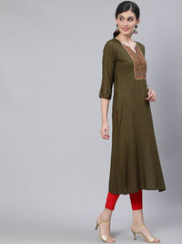 Thumbnail for NOZ2TOZ Women Olive Green Embroidered Straight Kurta with Three Quarter Sleeves - Distacart