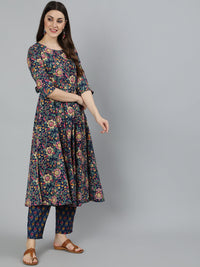 Thumbnail for NOZ2TOZ Women Blue Floral Printed Pure Cotton Kurta With Trouser And Dupatta - Distacart