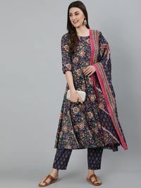 Thumbnail for NOZ2TOZ Women Blue Floral Printed Pure Cotton Kurta With Trouser And Dupatta - Distacart