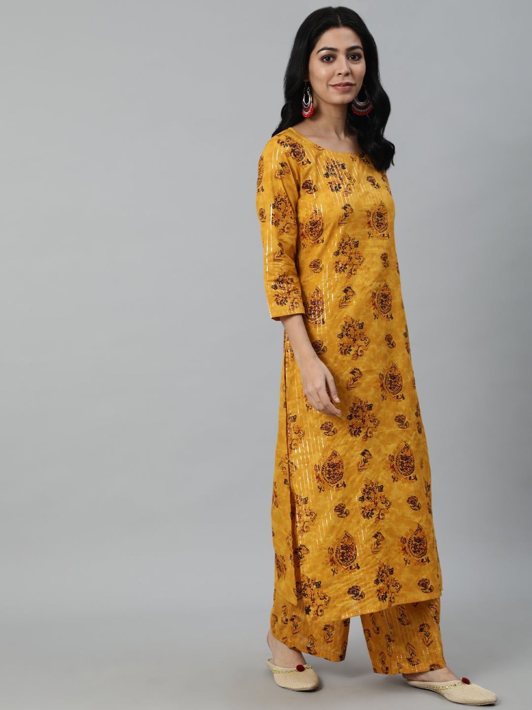 NOZ2TOZ Women Mustard Yellow Ethnic Motifs Printed Layered Pure Cotton Kurta With Plazzos & Dupatta - Distacart