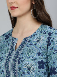 Thumbnail for NOZ2TOZ Women Blue Floral Printed Straight Kurta With Three Quarter sleeves - Distacart