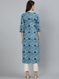 Thumbnail for NOZ2TOZ Women Blue Floral Printed Straight Kurta With Three Quarter sleeves - Distacart