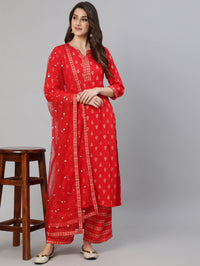 Thumbnail for NOZ2TOZ Women Red Gold Ethnic Printed Kurta With Palazzo And Sequence Dupatta - Distacart