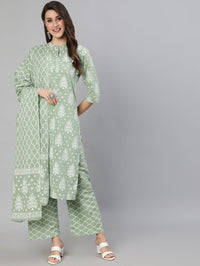 Thumbnail for NOZ2TOZ Women Olive Green Ethnic Printed Kurta And Palazzo With Dupatta - Distacart
