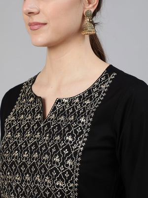 NOZ2TOZ Women Black Embroidered Straight Kurta With Three Quarter Sleeves - Distacart