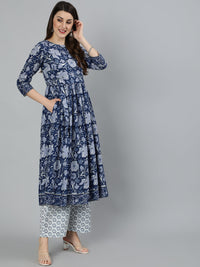 Thumbnail for NOZ2TOZ Women Blue Floral Printed Gathered Kurta With Palzzo And Dupatta - Distacart