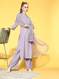 Thumbnail for NOZ2TOZ Women Lavender Embroidered Straight Kurta With Plazo & Dupatta - Distacart