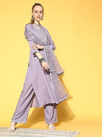 Thumbnail for NOZ2TOZ Women Lavender Embroidered Straight Kurta With Plazo & Dupatta - Distacart