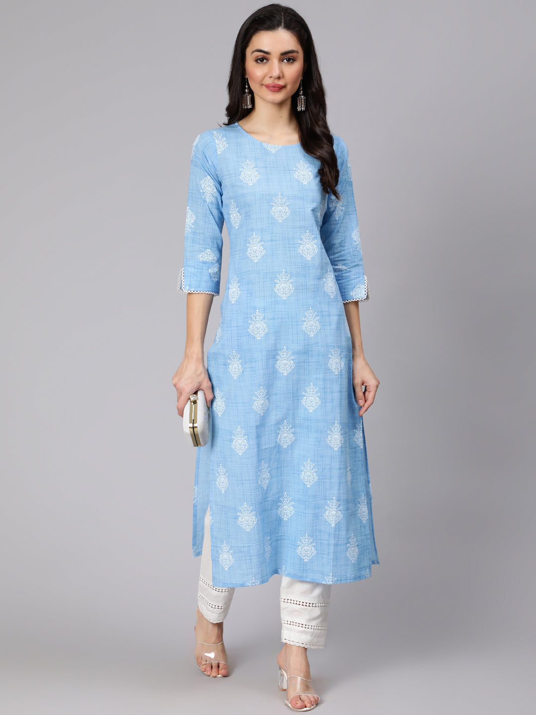 NOZ2TOZ Women Light Blue Printed Straight Kurta With Trouser And Lace Details - Distacart