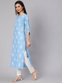 Thumbnail for NOZ2TOZ Women Light Blue Printed Straight Kurta With Trouser And Lace Details - Distacart