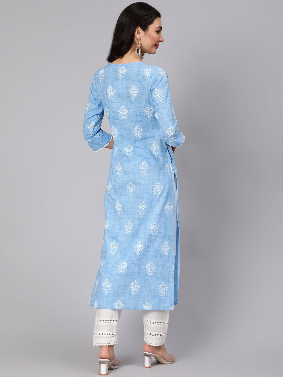 NOZ2TOZ Women Light Blue Printed Straight Kurta With Trouser And Lace Details - Distacart