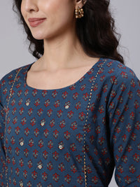 Thumbnail for NOZ2TOZ Women Blue & Maroon Floral Printed Straight kurta With Three Quarter Sleeves - Distacart