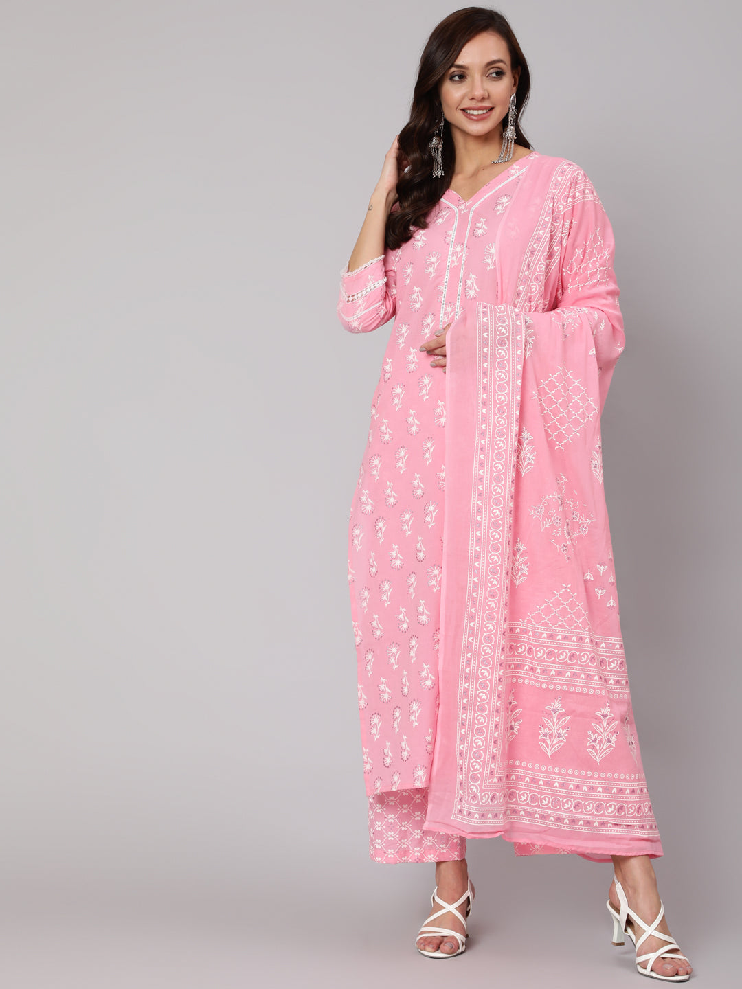 NOZ2TOZ Women Pink Silver Floral Printed Straight kurta With Palazzo And Dupatta - Distacart