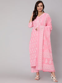 Thumbnail for NOZ2TOZ Women Pink Silver Floral Printed Straight kurta With Palazzo And Dupatta - Distacart