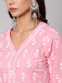 Thumbnail for NOZ2TOZ Women Pink Silver Floral Printed Straight kurta With Palazzo And Dupatta - Distacart