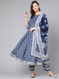 Thumbnail for NOZ2TOZ Women Blue Ethnic Printed Flared Kurta With Trouser And Dupatta - Distacart