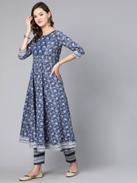 Thumbnail for NOZ2TOZ Women Blue Ethnic Printed Flared Kurta With Trouser And Dupatta - Distacart