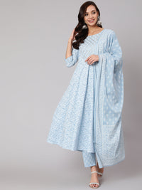 Thumbnail for NOZ2TOZ Women Light Blue Floral Printedt Flared Kurta With Trouser And Dupatta - Distacart