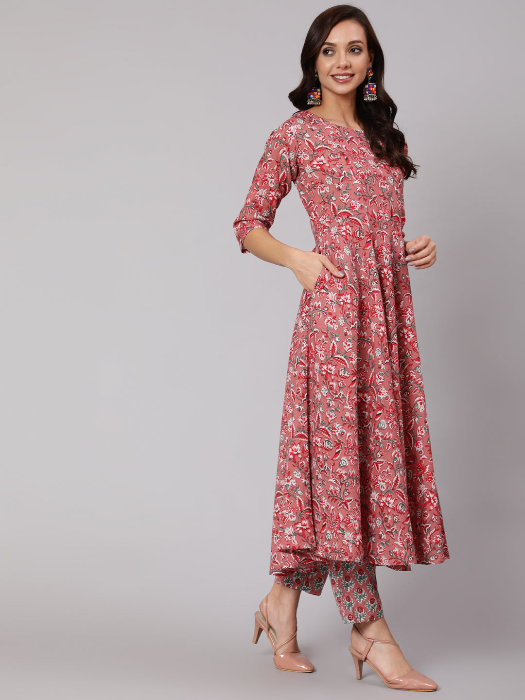 NOZ2TOZ Women Pink Floral Printed Flared Kurta With Trouser With Dupatta - Distacart