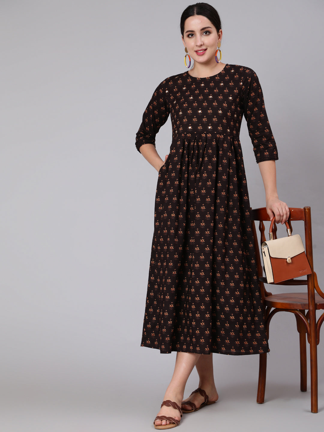 NOZ2TOZ Women Brown Embroidred Flared Dress With Three Quarter Sleeves - Distacart