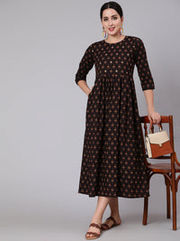Thumbnail for NOZ2TOZ Women Brown Embroidred Flared Dress With Three Quarter Sleeves - Distacart