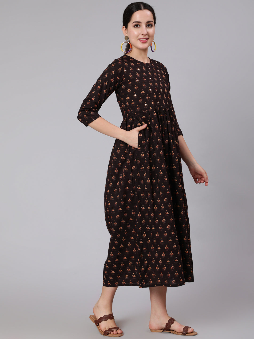 NOZ2TOZ Women Brown Embroidred Flared Dress With Three Quarter Sleeves - Distacart