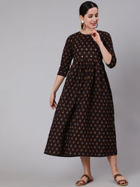 Thumbnail for NOZ2TOZ Women Brown Embroidred Flared Dress With Three Quarter Sleeves - Distacart