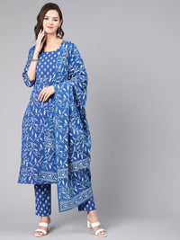 Thumbnail for NOZ2TOZ Women Blue Printed Flared Kurta With Trouser And Dupatta - Distacart