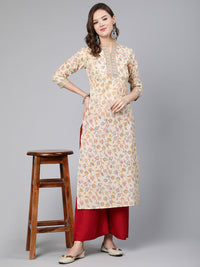 Thumbnail for NOZ2TOZ Women Cream Floral Printed Staight Kurta With Three Quarter Sleeves - Distacart