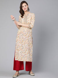 Thumbnail for NOZ2TOZ Women Cream Floral Printed Staight Kurta With Three Quarter Sleeves - Distacart