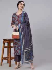 Thumbnail for NOZ2TOZ Women Maroon And Blue Floral Printed Straight Kurta And Palazzo With Palazzo - Distacart